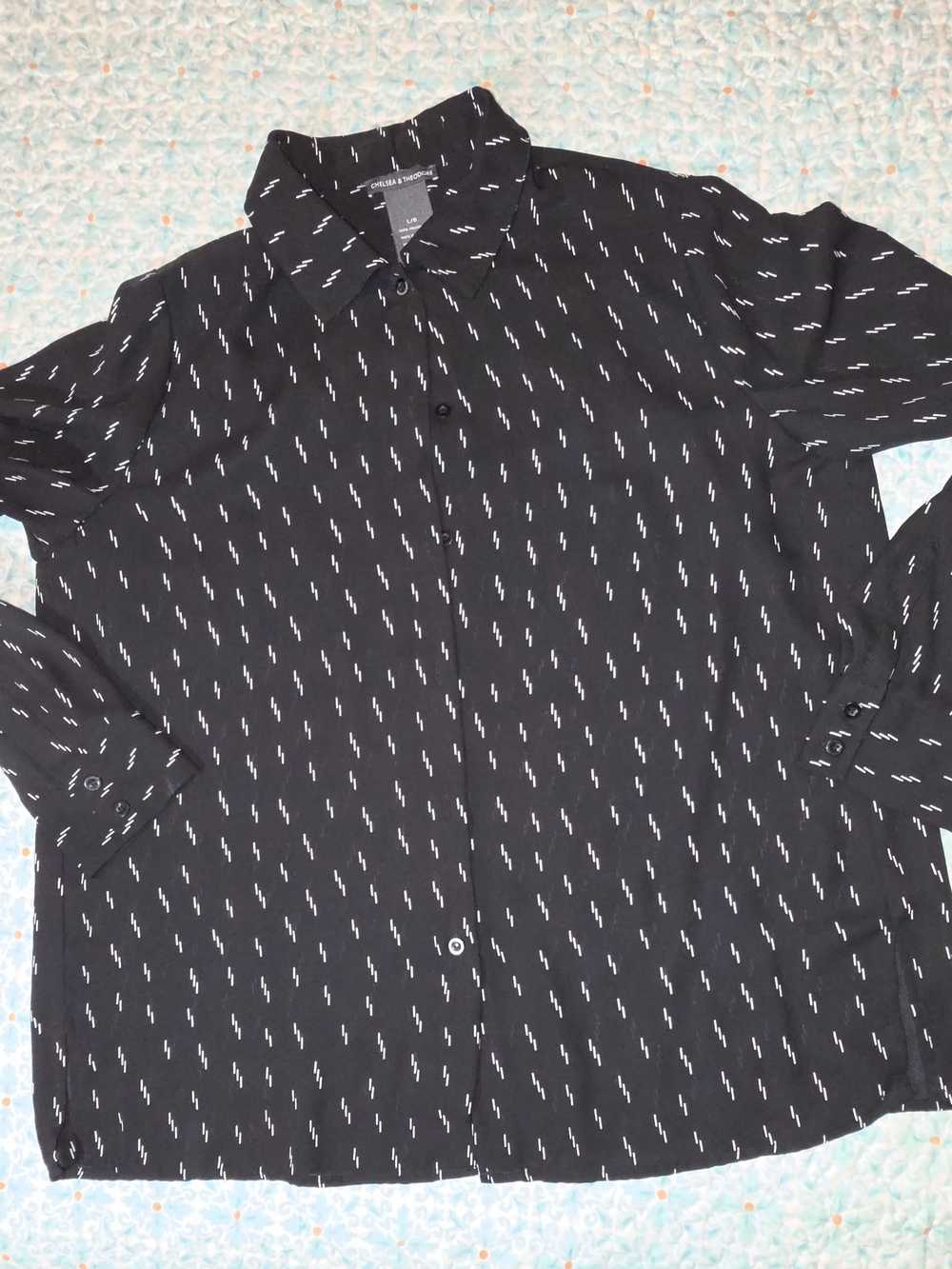 *NWOT* Chelsea & Theodore Black Button-Down Shirt with White Dash Pattern
